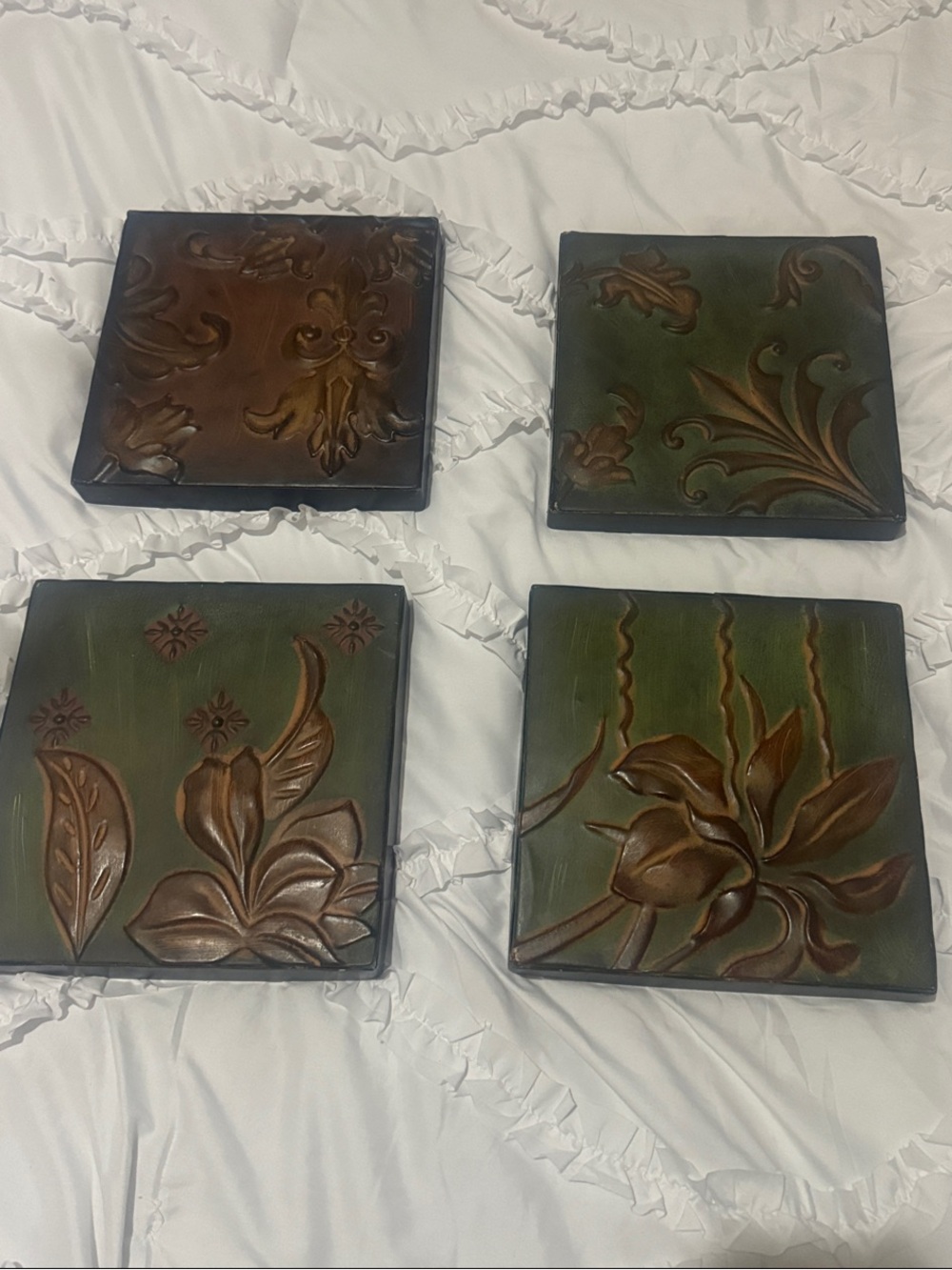 Green and Brown Rustic embossed Floral metal  Wall Tile Set of 4 Home Wall Decor